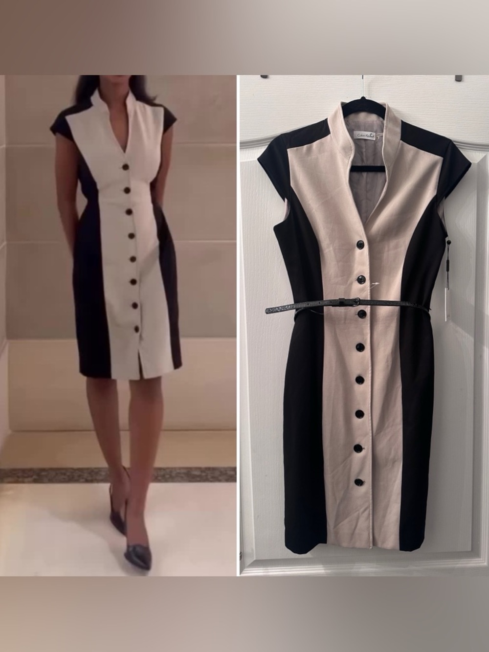 Calvin Klein Black and Cream Colorblock Midi Dress